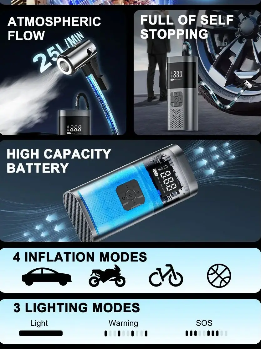 Multifunktions-Autoreifenfüller Tragbare Kabellose Luftpumpe mit Digitalanzeige Auto-Stopp Elektrischer Kompressor für Auto Fahrrad Motorrad