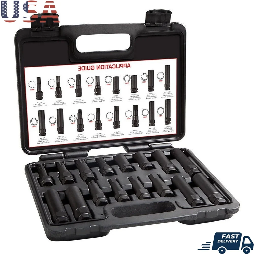 

16-Piece Locking Lug Nut Master Key Set Thin Wall Sockets Extra Long Keys Double Hex Head SAE Metric Fasteners Durable Case