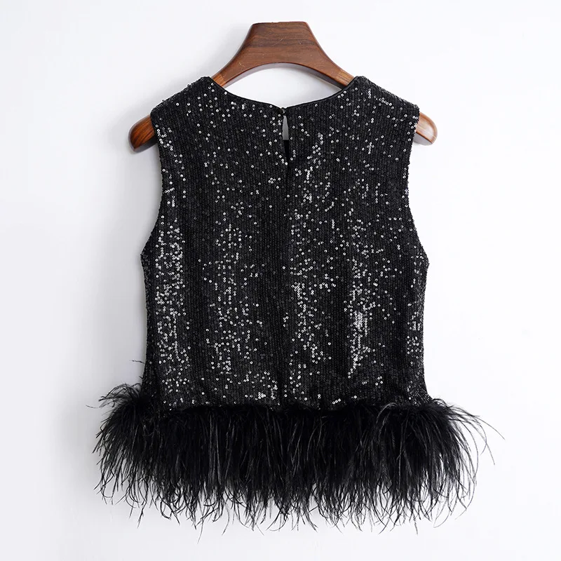 Fur Tops Women 2023 New Celebrity Luxury Unique Design Sequins Tank Tops Female y2k Detachable Ostrich Feather Splice Camisas