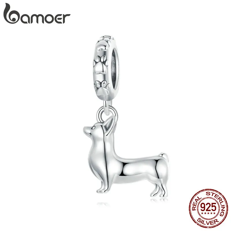 BAMOER 925 Sterling Silver Cute Corgi Charms do bransoletek, klasyczny psi Pawprint DIY wisiorek z koralikami biżuteria prezenty dla dla miłośników