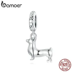 BAMOER 925 Sterling Silver Cute Corgi Charms do bransoletek, klasyczny psi Pawprint DIY wisiorek z koralikami biżuteria prezenty dla dla miłośników zwierząt