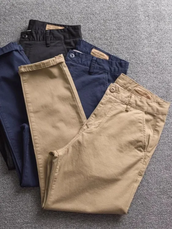 

American Sle Men's Casual Pants Pure Cotton Waed Retro Elastic Straight Leg Workwear Trousers Spring Autumn Khaki Pants