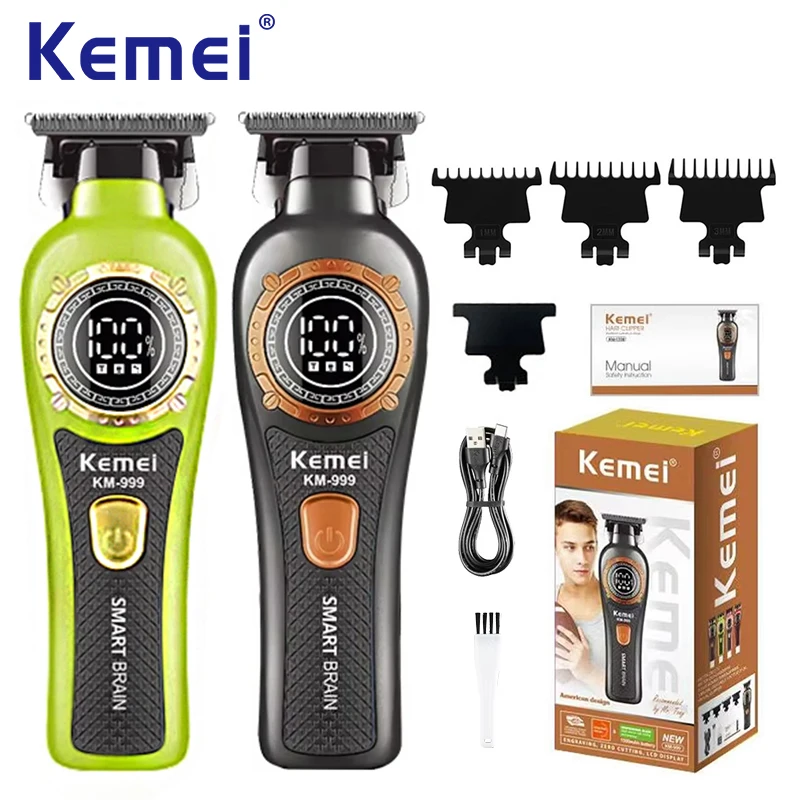 

Kemei KM-999 Hair Clipper for Men DLC T-Blade Zero Gapped LED Display Cordless USB Professional Hair Trimmer Finishing Machine
