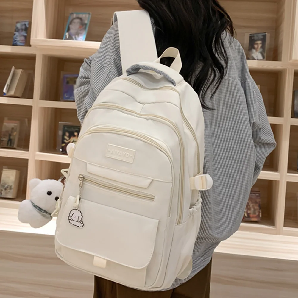 십대 소녀용 학교 가방, 대용량 학생 배낭, 펜던트 포함, 단색 캐주얼 배낭, 나일론 경량 여행 데이팩