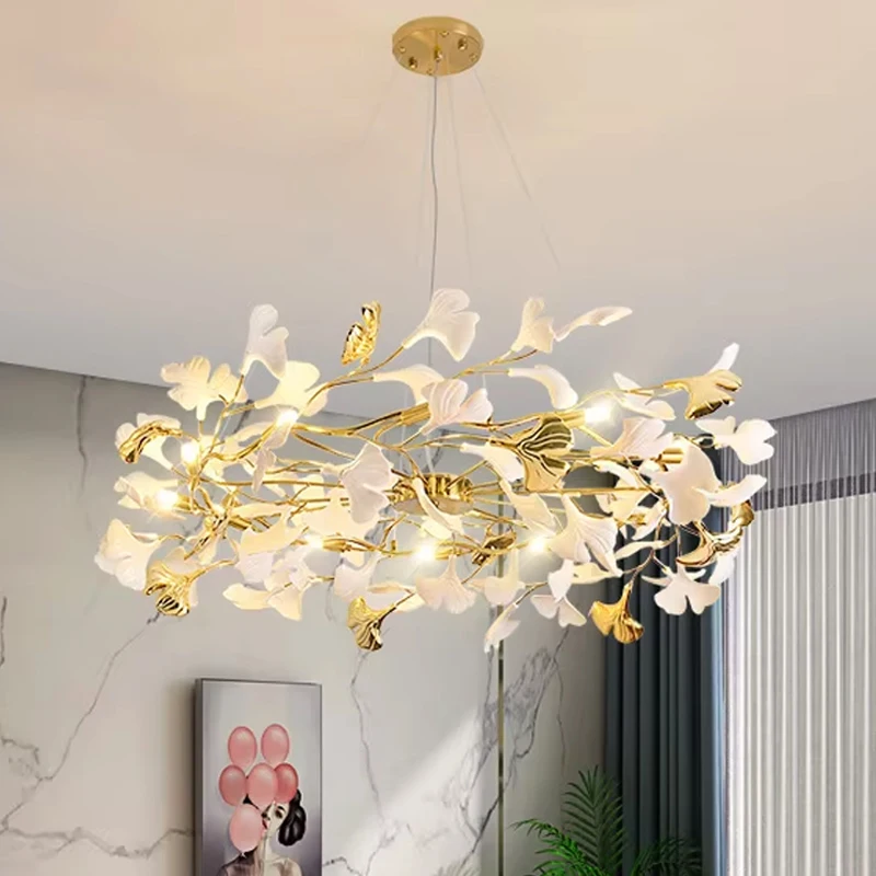 

Modern Chandelier Living Room Creative Luxury Hall Hanging Lamp Restaurant Bar Lighting Designer Ginkgo Leaf Indoor Decor