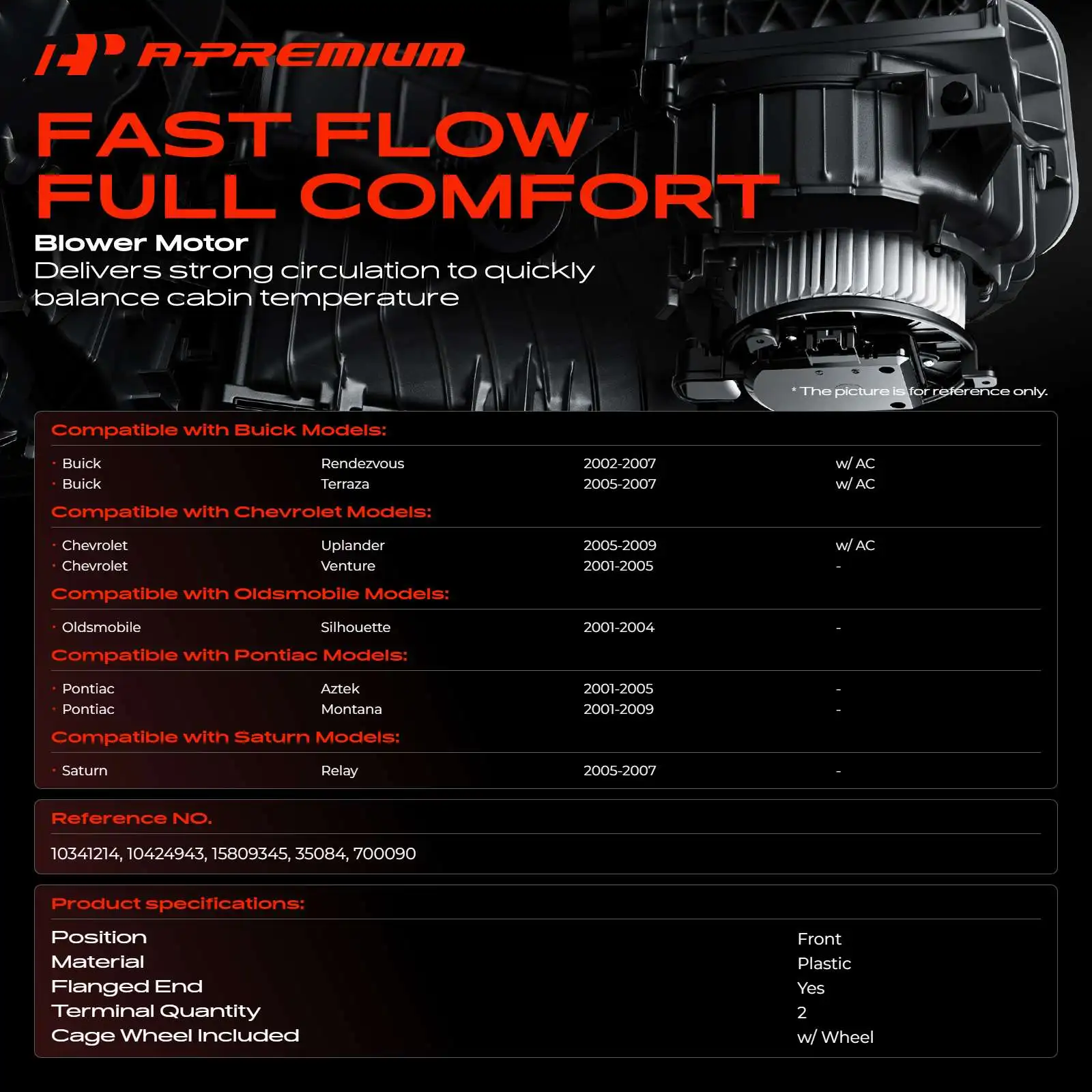 A-Premium Heater Blower Motor with Fan Cage for Saturn Relay 2005-2007 Buick Terraza 2005-2007 Pontiac Aztek 2001-2005 Montana