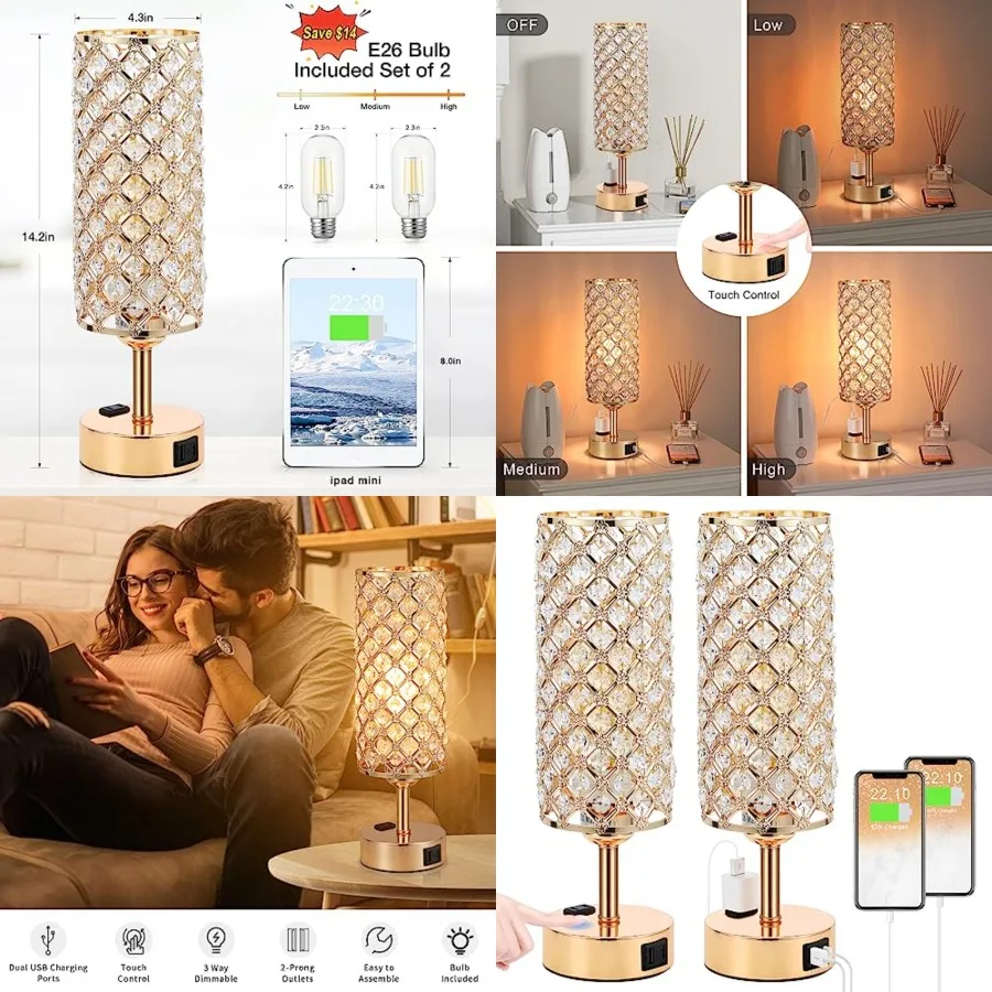 

Lamps Set of 2, Dimmable Lamps for Nightstand with USB-C+A and AC Charging Ports, 3-Way USB Crystal Lamp, Bedside Desk Light fo