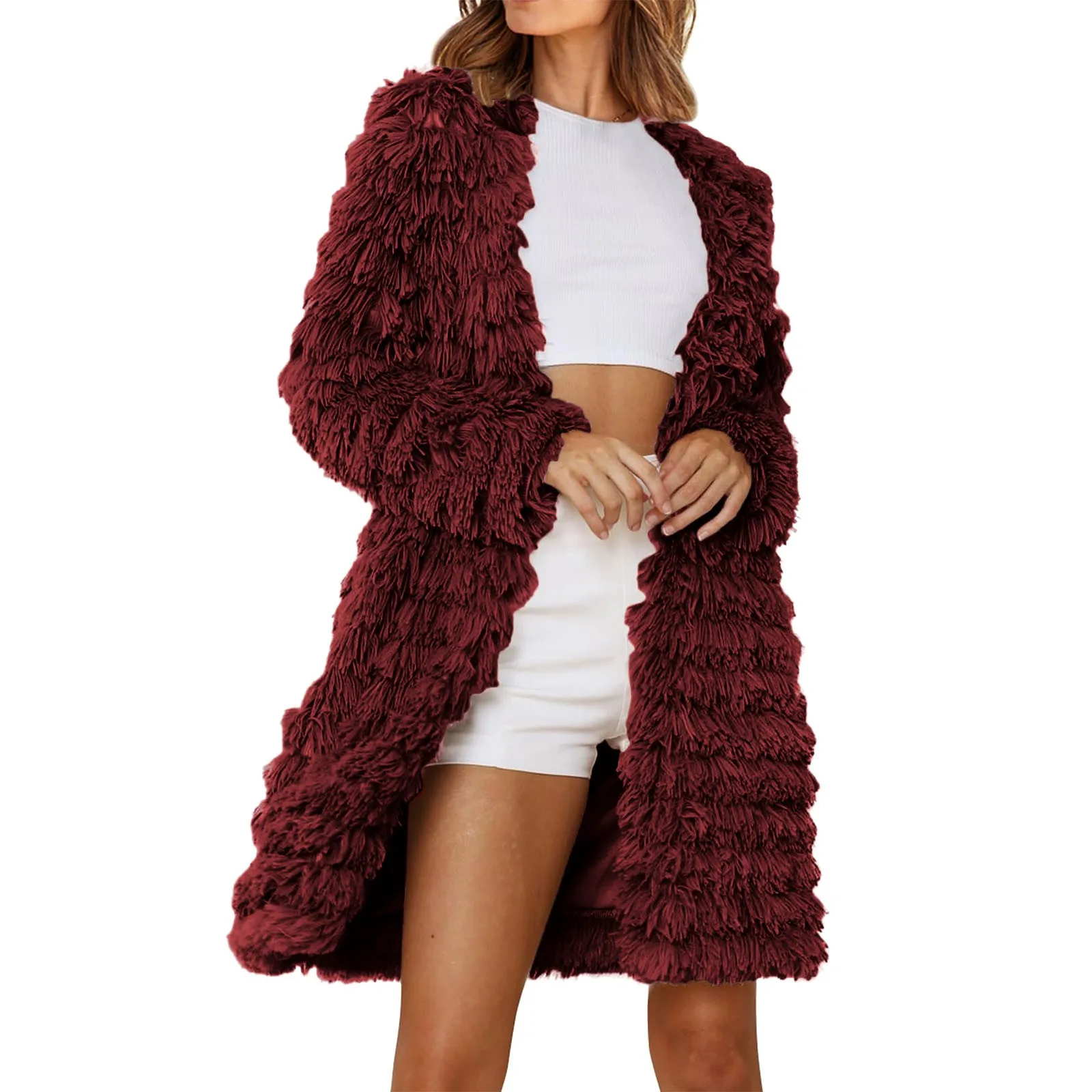 جاكيت نسائي مفتوح من الأمام طويل أشعث من الجلد الصناعي معطف شتوي ملابس خارجية استعراض كوري ملابس كثيرة خريف 2023 #2