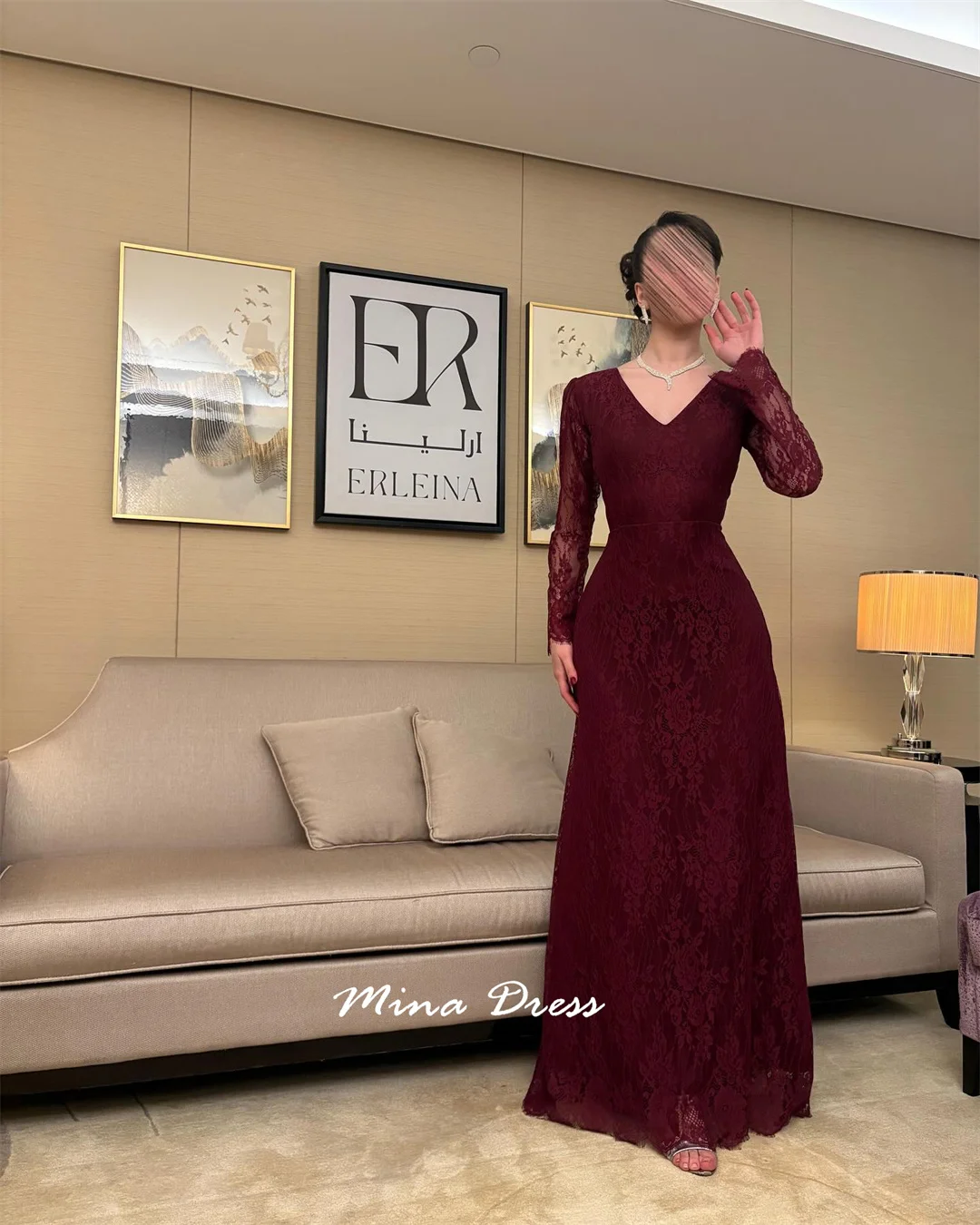 Mina Aangepaste wijnrode avondjurk Luxe elegante formele damesjurken voor speciale gelegenheden V-hals met lange mouwen Feest