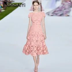 MonaAiYi Summer Fashion Designer Women's Short Sleeve Gouhua Hollow Out Belt Embroidery Pink Water Soluble Flower Dress