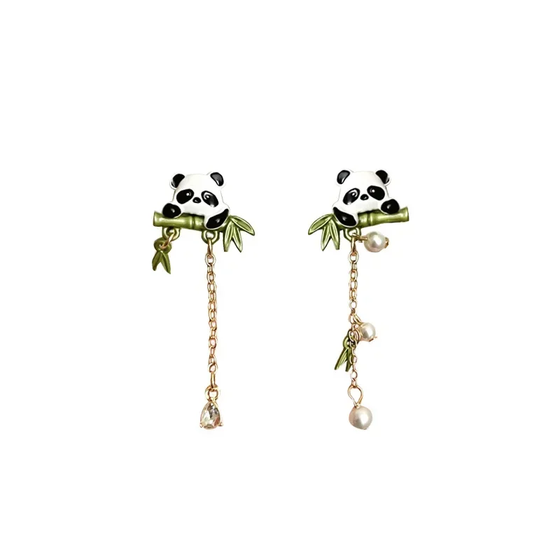 Personality Asymmetrical Cat Bear Long Tassel Earrings Chinese Style Cute Bamboo Panda Earrings for Women Girls Gifts