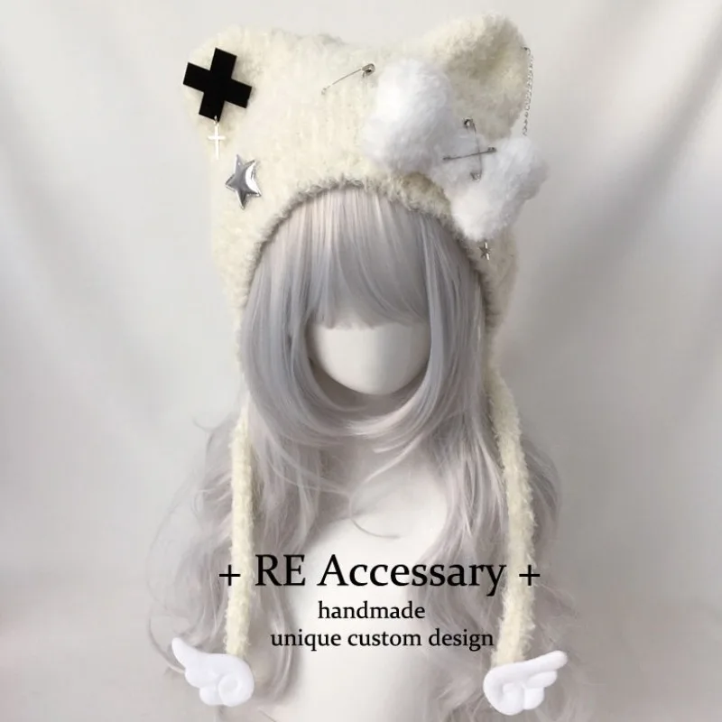 Y2K Gothic Cat-Ear Fluffy Hat with Cross & Star Charms – Jirai Kei Soft Girl Winter Warm Plush Beanie – Harajuku Streetwear Gife