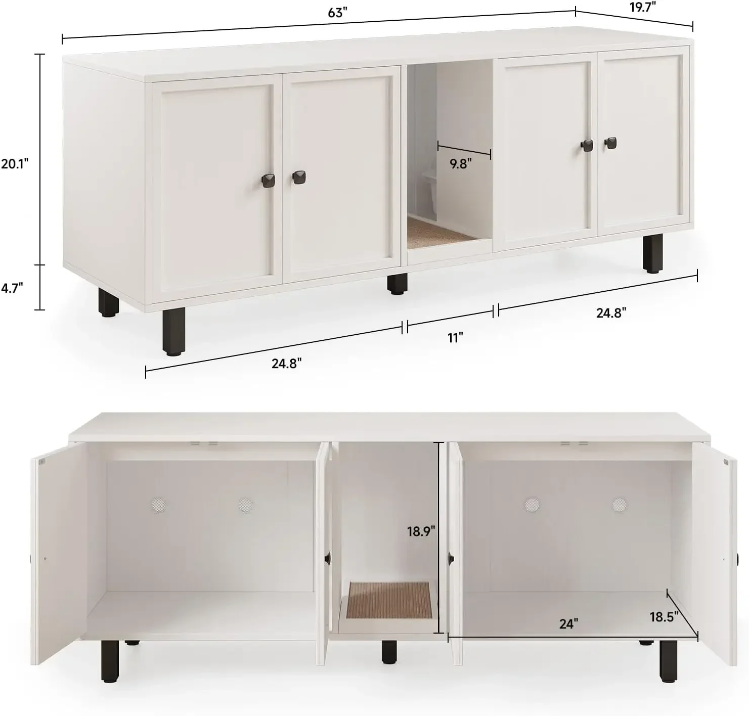 63 Inches Cat Litter Box Enclosure for 2 Cats, Hidden Litter Boxes Furniture with Cat Scratch Pad, Large Indoor Pet House with D