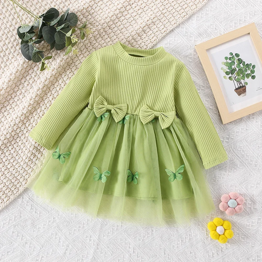 (0-3 years old) Autumn new girls dress round neck long sleeve bow mesh dress butterfly pattern Birthday party team dress solid\\