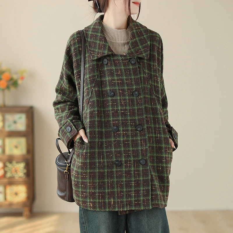 

2023 New Arrival Autumn Women Plaid Print Single Breasted Notched Collar All-matched Loose Casual Long Sleeve Cotton Coats V852