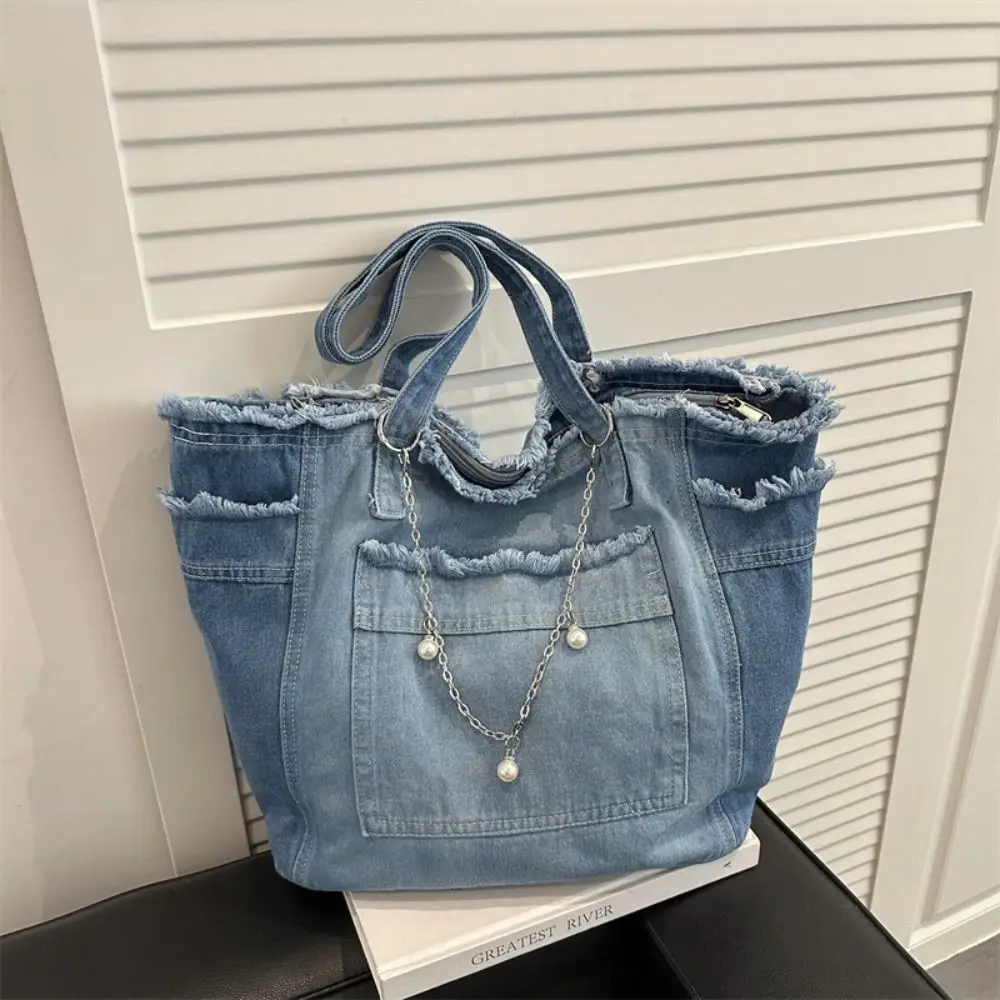 

Милая джинсовая сумка через плечо в корейском стиле, простая ретро-сумка-тоут из холста, однотонная, вместительная, для ношения под мышкой, женская