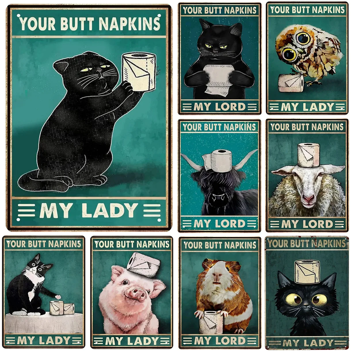 Funny Bathroom Metal Tin Sign Artwork Wall Decor Your Butt Napkins My Lady My Lord Decoration for Home Hotel Cafe Pub Wall Decor