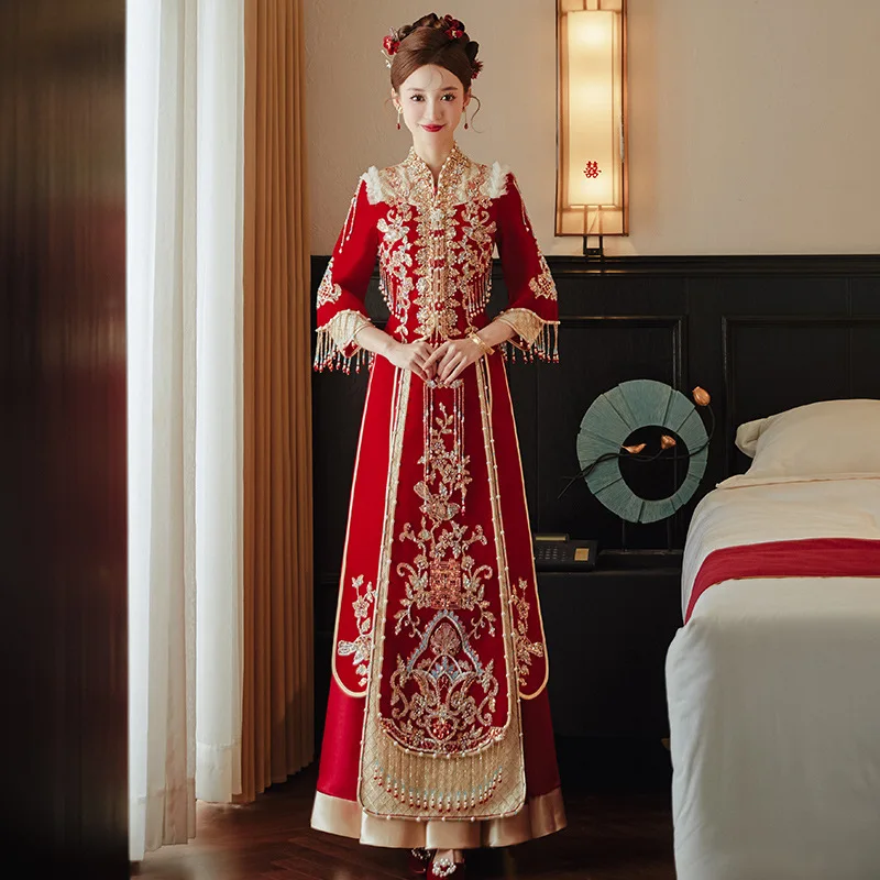 2024 New Heavy Industry Chinese Traditional Wedding Groom Toast Dress Female Coat Thin Show Kimono Bride Xiuhe Skirt Tang Suit