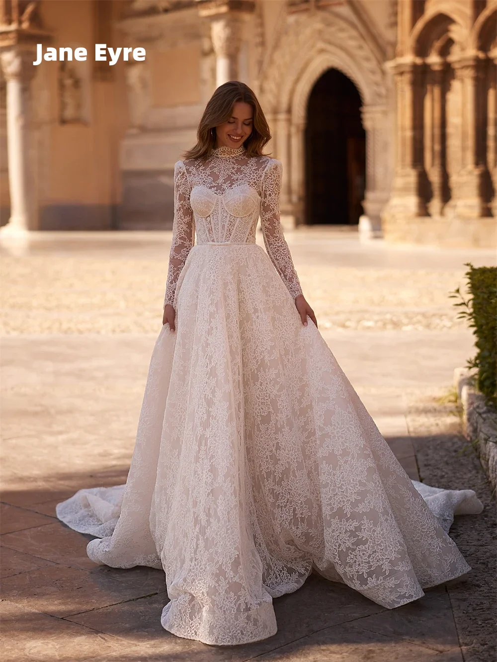 新しい白いウェディングドレスハイネックAラインフルスリーブレースウェディングドレス高級ボヘミアンブライダルボールプロムドレスカスタマイズ