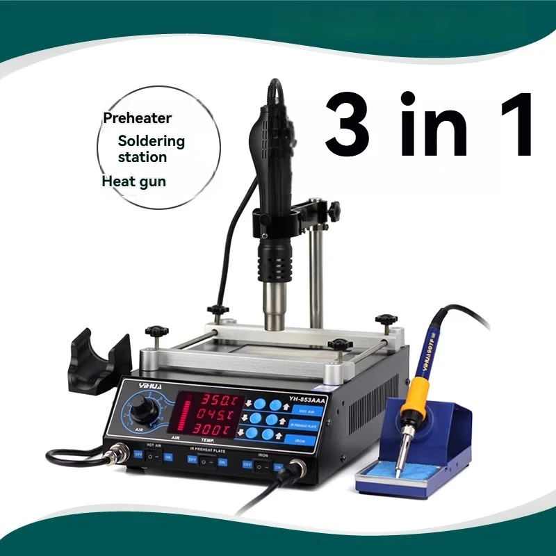 โต๊ะบัดกรีลมร้อน BGA รุ่น 853AAA สำหรับงานซ่อม BGA พร้อมปืนลมร้อนและหัวแร้งบัดกรีแบบอุ่นล่วงหน้า