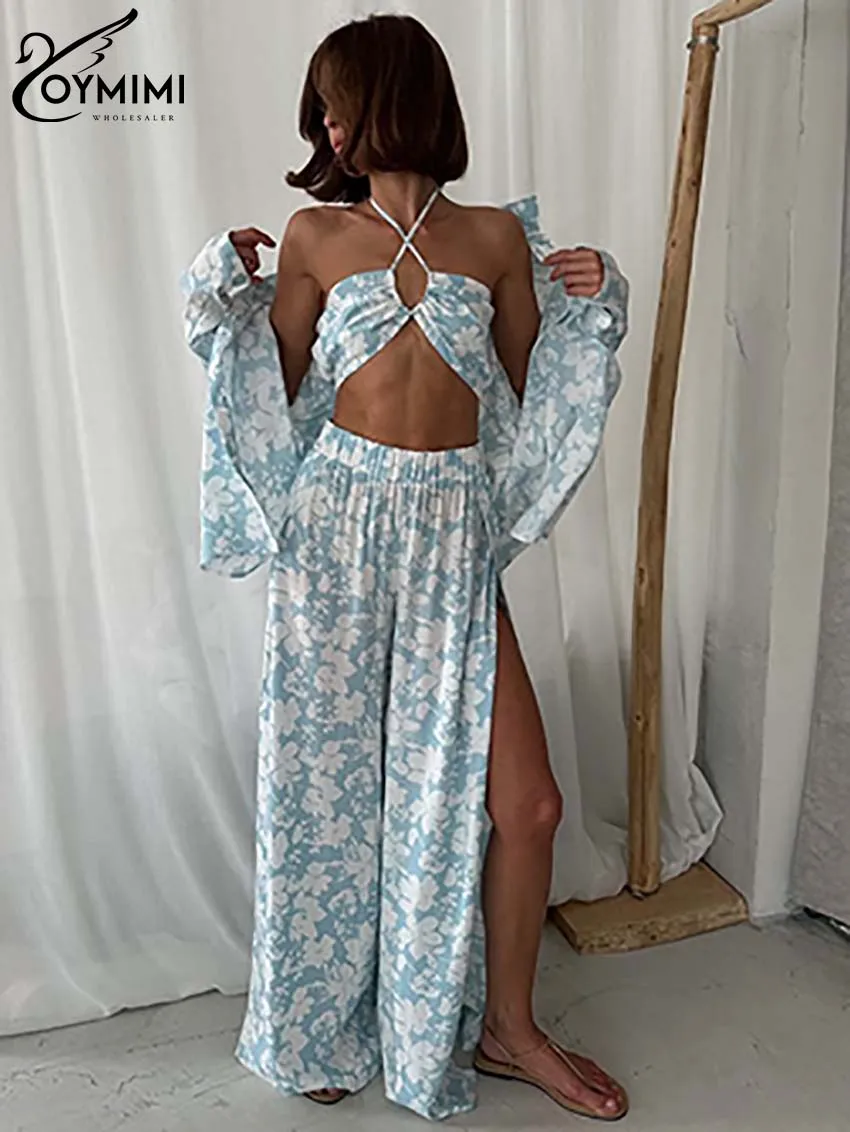 

Oymimi Elegant Blue Print 3 Piece Sets Women Outfit Fashion Long Sleeve Shirts And Halter Bra + High Waist Side Slit Pants Sets