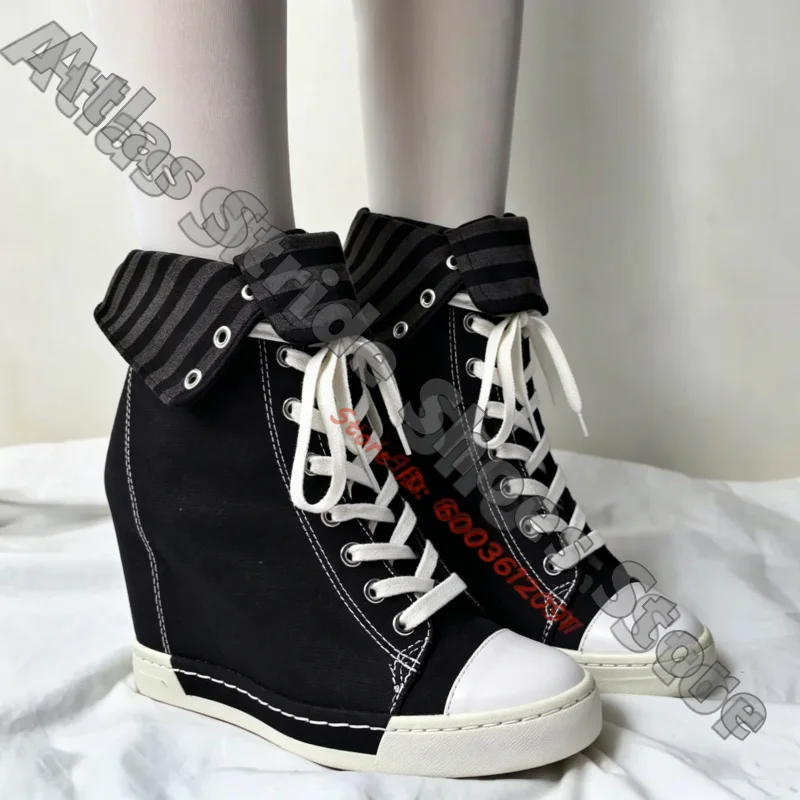Size 34-46 Fold‑Over Striped Cuff Hidden Wedge High‑Top Canvas Sneakers Contrast Toe Cap Lace‑Up Casual Street Commute Shoes