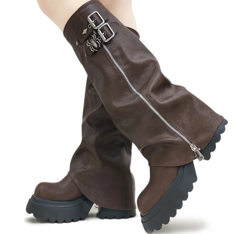 

Platform Meatl Decoration Knee High Boots Sexy Round Toe Thin Heel Matte Leather New Arrivals Fashion Women Modern Shoes