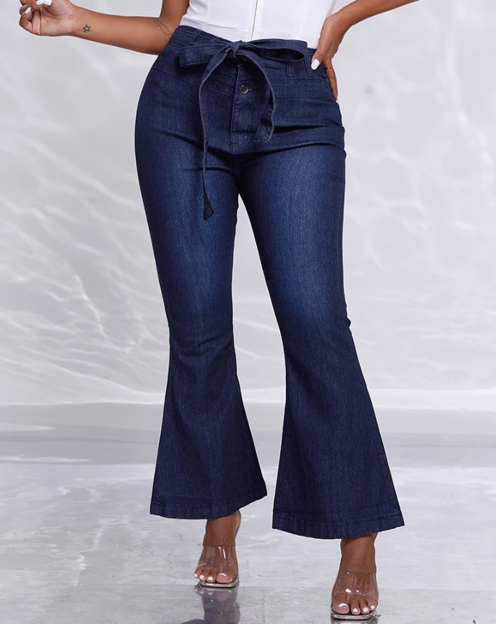 

Женские брюки, джинсы-клеш с высокой талией, джинсовые расклешенные узкие джинсы с поясом, женские расклешенные брюки