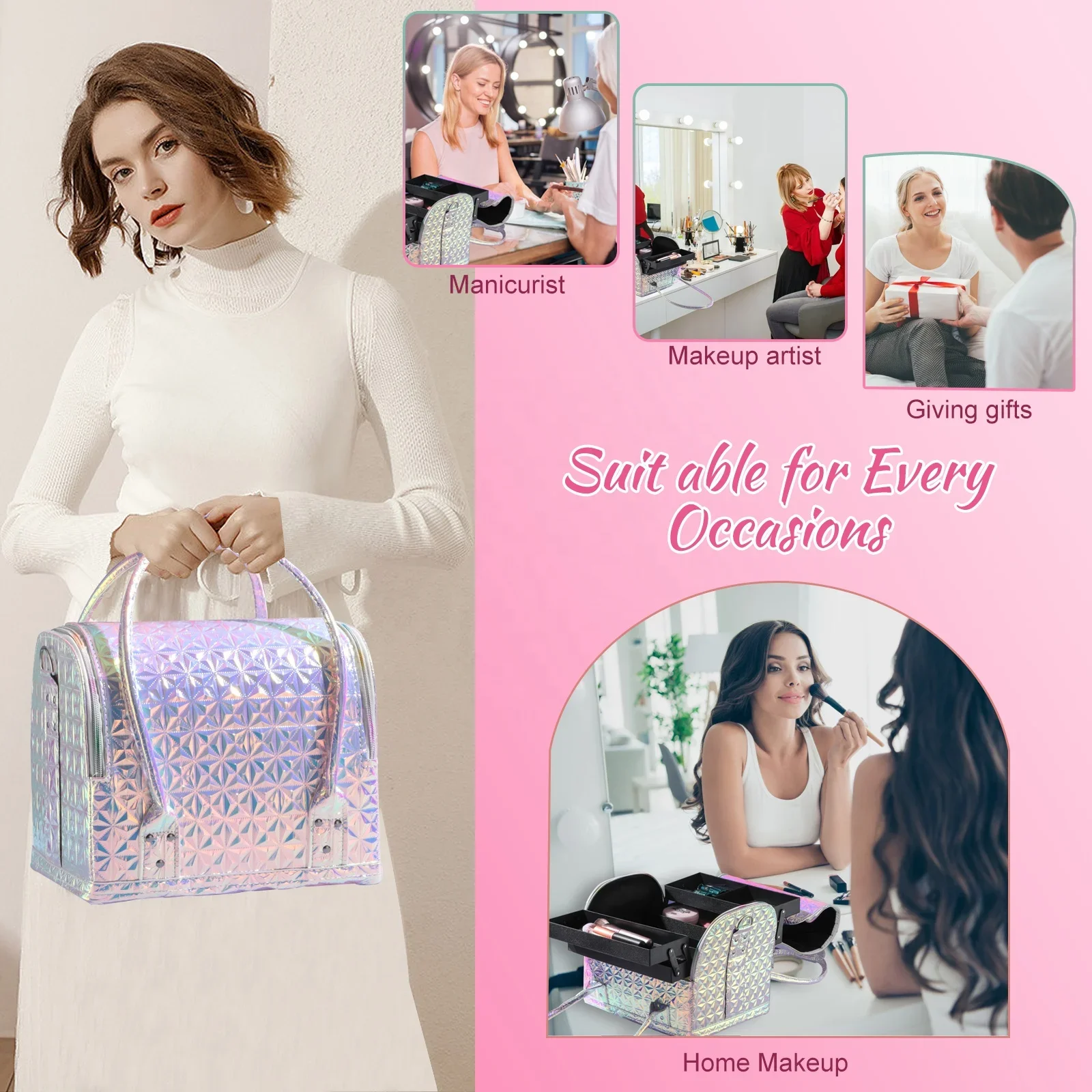 # Hot Sales Portable Layer Makeup Organizer Bag Large Waterproof Nail Makeup Carrying Train Case With Shoulder Strap Adjustable