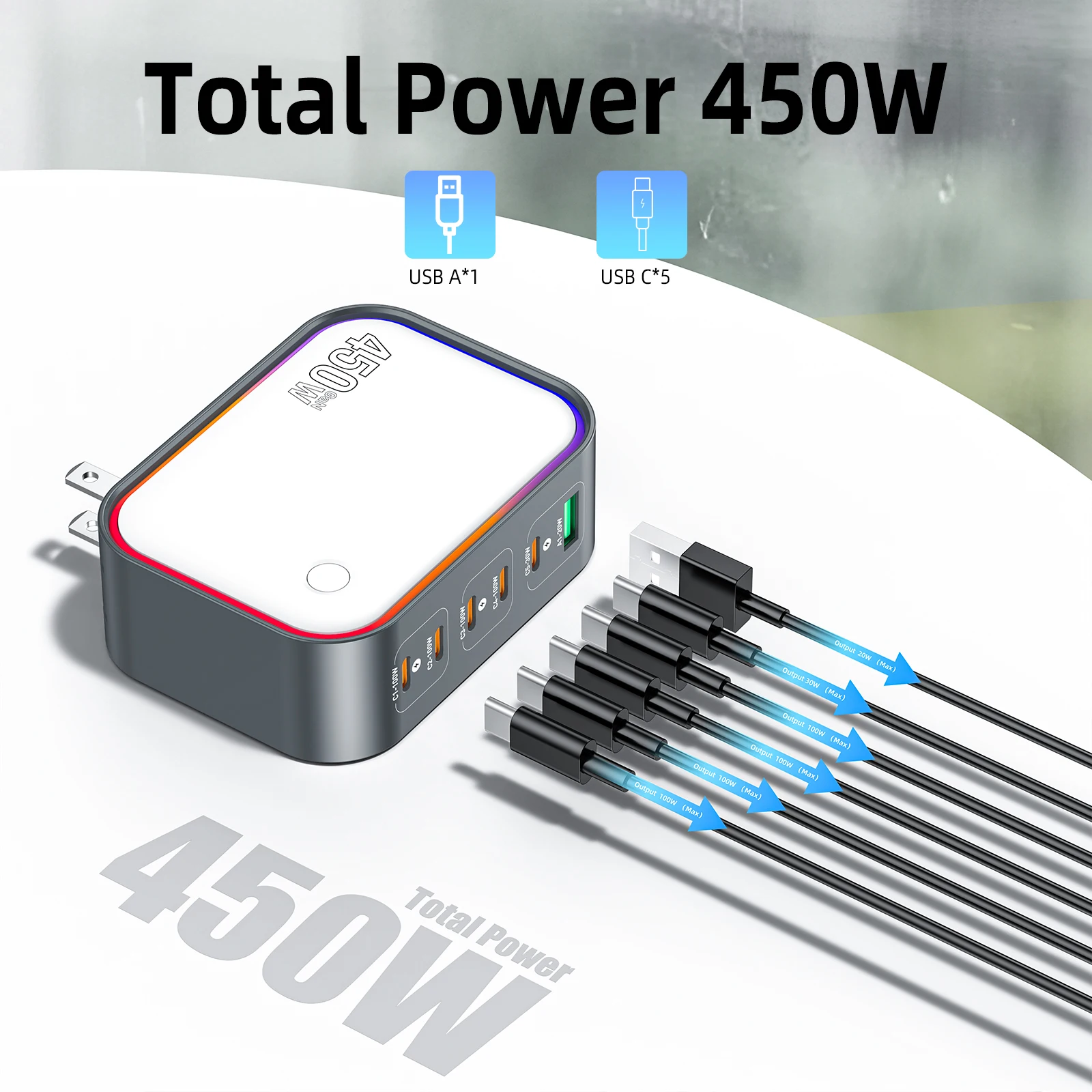 120W 6-Port GaN Fast Charging Station USB C PD QC for Laptop iPhone 16/15 Samsung Galaxy Multiple Devices Charger