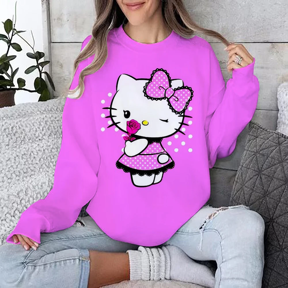 Autumn Fun Print Long Sleeve Top 2024 New Cartoon Disney Cute Hello Kitty Ladies Sweatshirt Crew Neck Loose Pullover