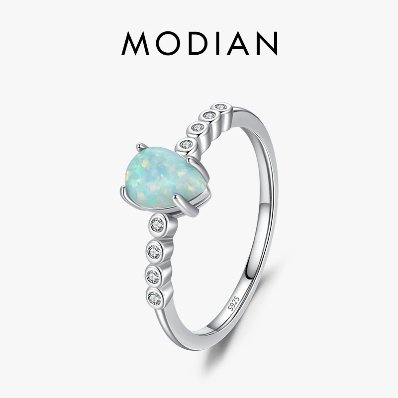 MODIAN Elegant 925 Sterling Silver Pear Green Colorful Opal Finger Rings For Women Valentine Christmas Gift Fine Jewerly