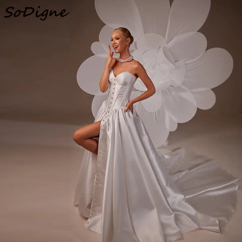 

SoDigne A-line Simple Satin Wedding Dresses Sweetheart Sleeveless Bridal Dress Split Wedding Gown Robe De Mairee ﻿Customized