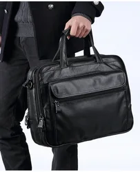 Maletín de cuero genuino para hombre, bolso de mano para ordenador portátil, de negocios, de piel de vaca suave, 14 y 15 pulgadas