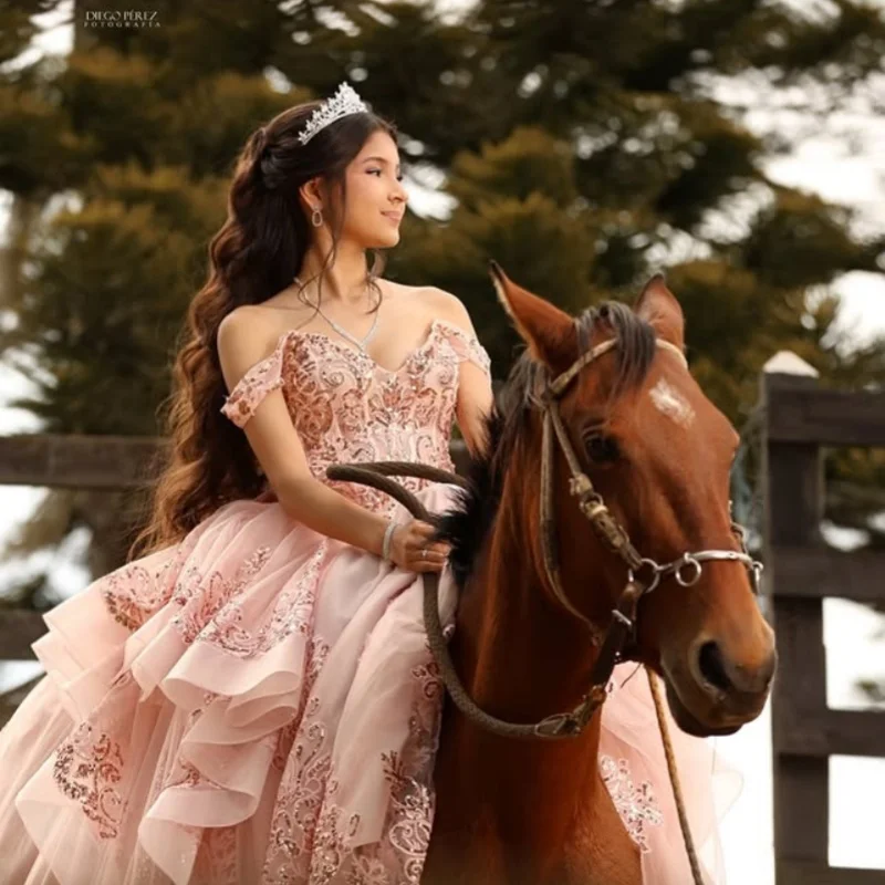

Light Pink Quinceanera Dresses Off the Shoulder Glitter Layering Decal Long tail Bow Vestido De 15 Quinceanera Customize
