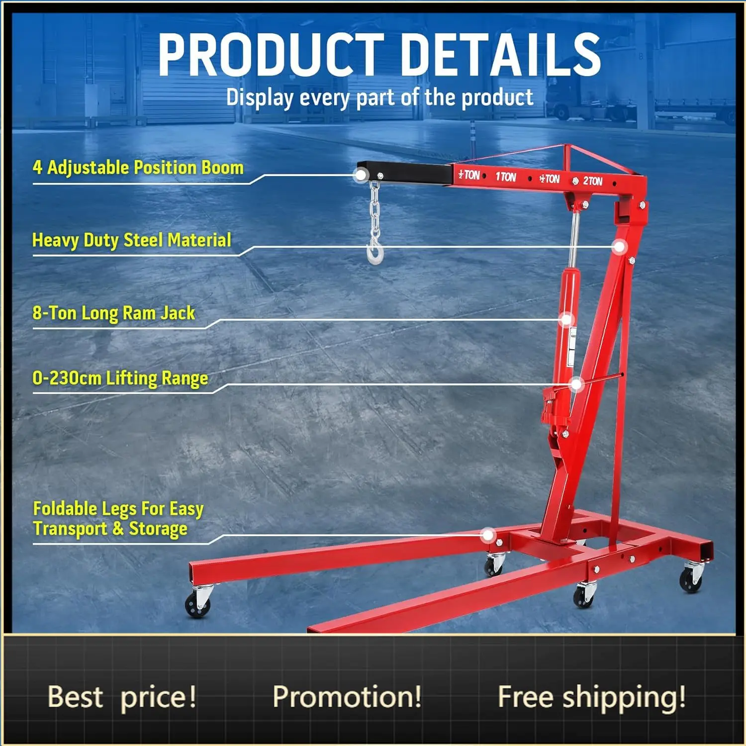 

Hydraulic Engine Crane Hoist, 2 Ton Folding Motor Hoist Cherry Picker Heavy Duty Steel 4400lbs Lifting with 6 Casters for Garage