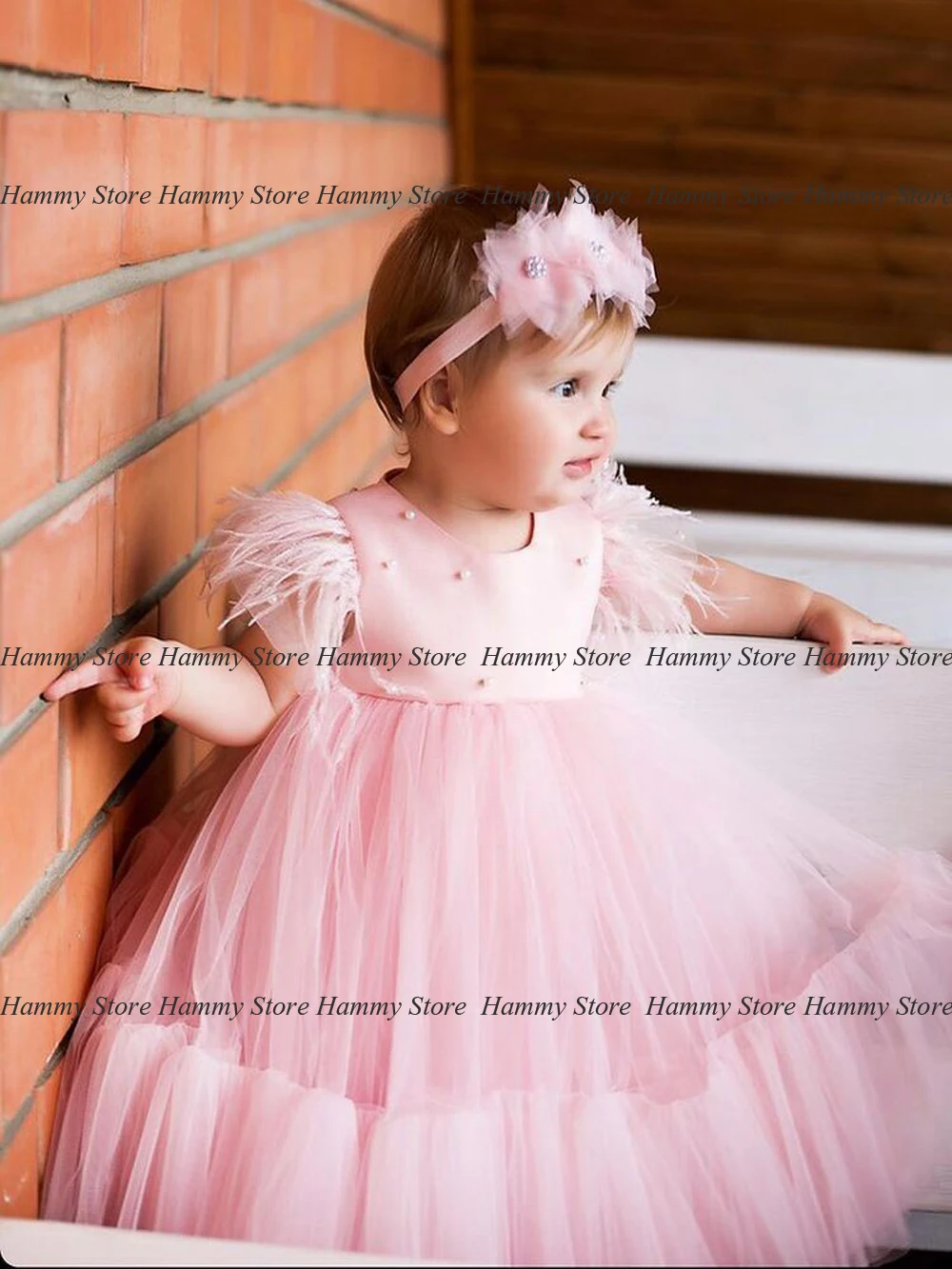 Yipeisha Lovely Baby Girl Birthday Party Dresses O Neck Pearls Feathers Pink Pageant Gown Ankle Length Toddler Flower Girl Dress