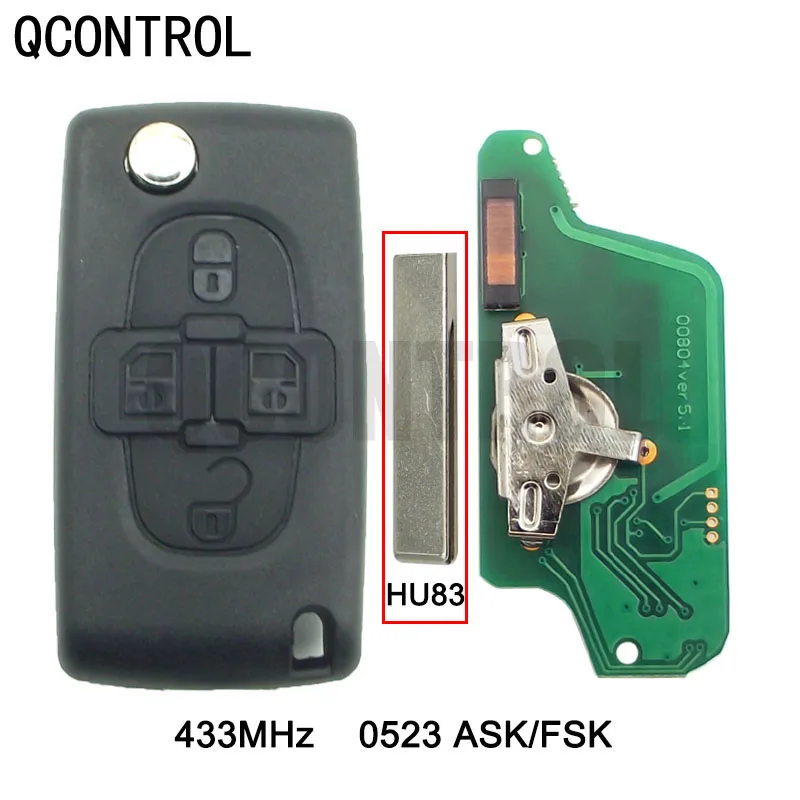 

QCONTROL 433MHz Car Remote Key Fits for Citroen C8 auto key (CE0523 ASK/FSK) 4 Buttons HU83 Blade