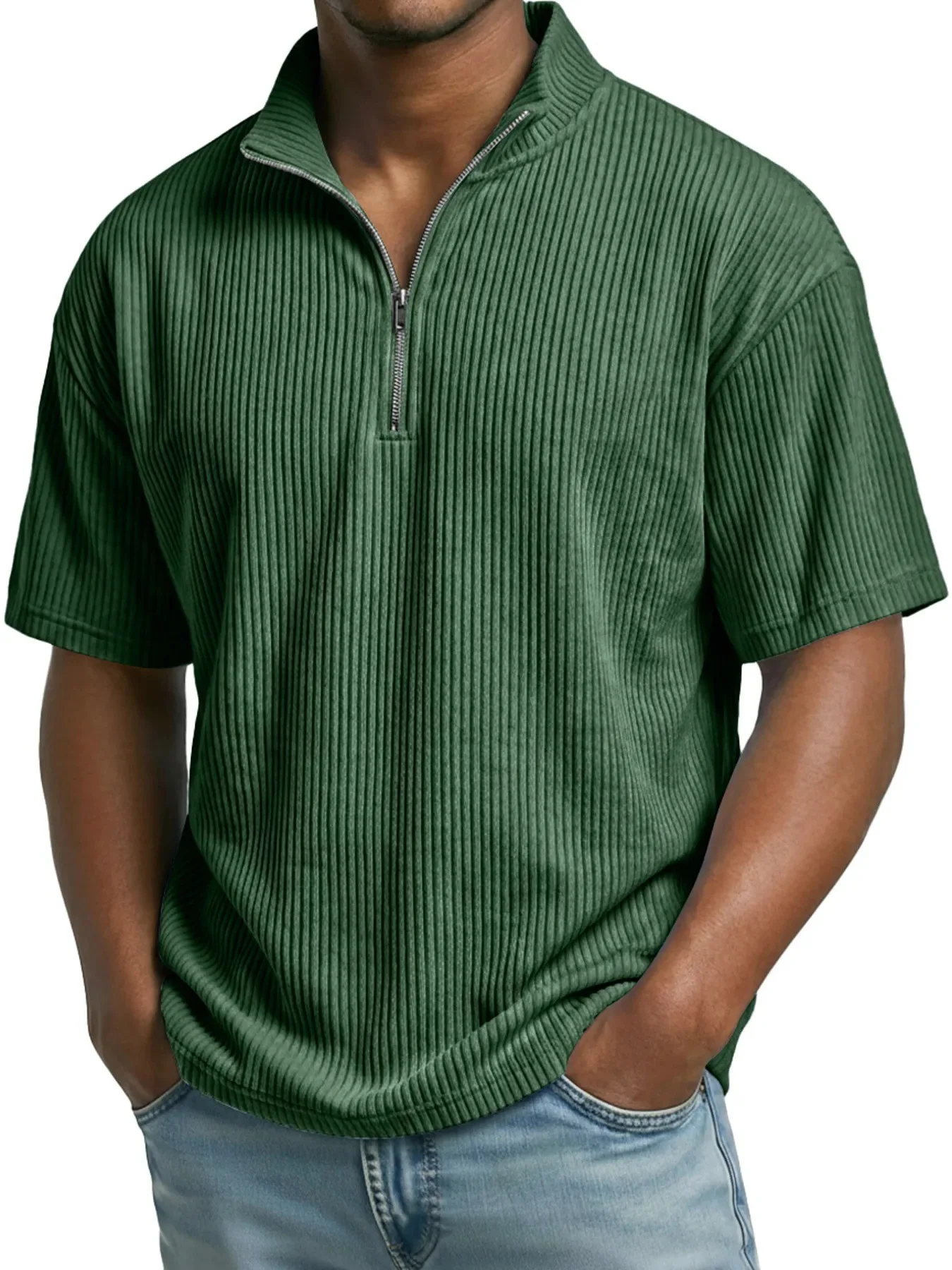 

2026 Summer Men's Casual Solid Color Corduroy Polo Short Sleeve Shirt