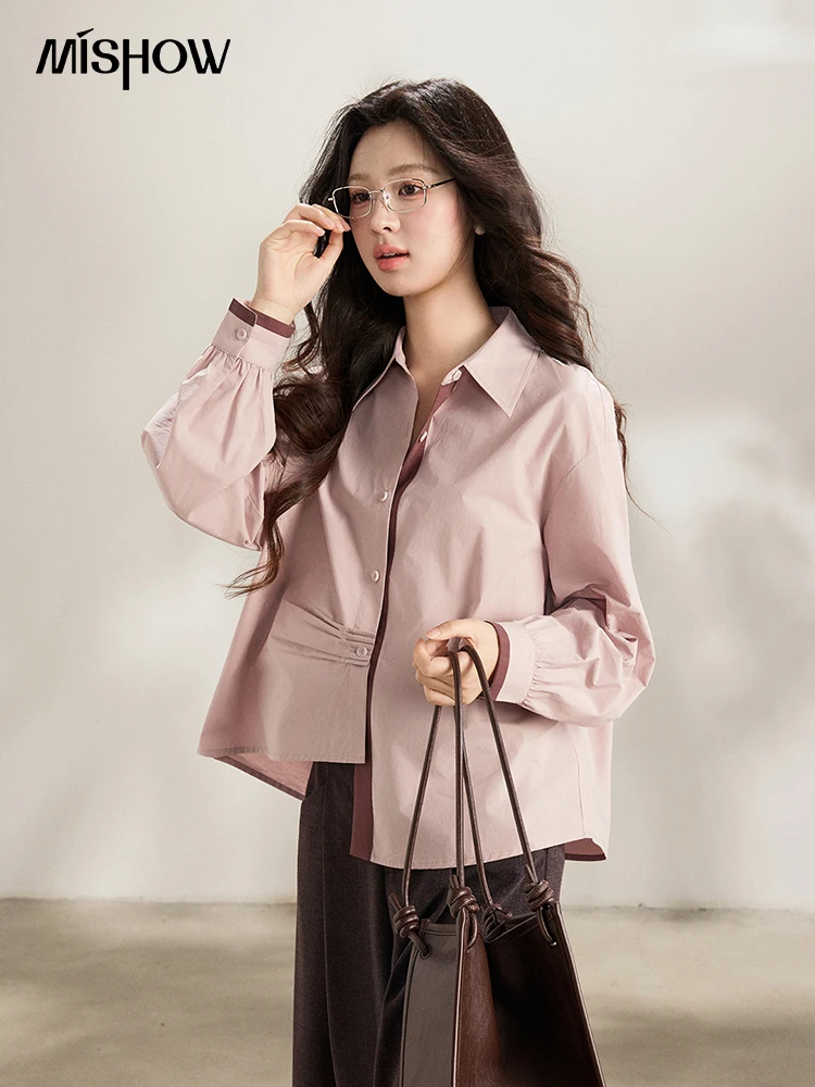 

Женская рубашка MISHOW из 100% хлопка с контрастными вставками, весенняя, с воротником поло, асимметричная, повседневная, свободного кроя, для работы и отдыха, модель MXF13C2435