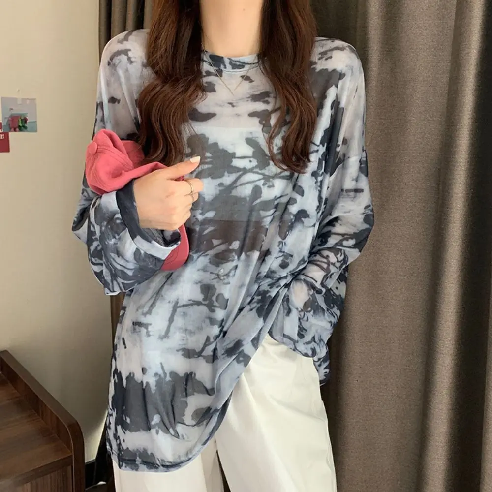 

Fashion Thin Long Sleeve T-shirt Transparent See Through Loose Cover Up Tops Bottoming Shirt Sunscreen Tie Dye Pullover Summer