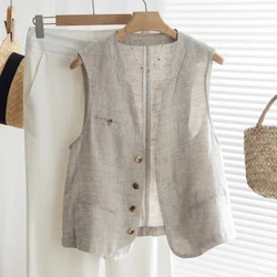 Vintage Linen V-neck Suit Vest Sleeveless Blouse  Summer Women Cotton Linen Shoulder Top For Literary Lady Commuter Coat