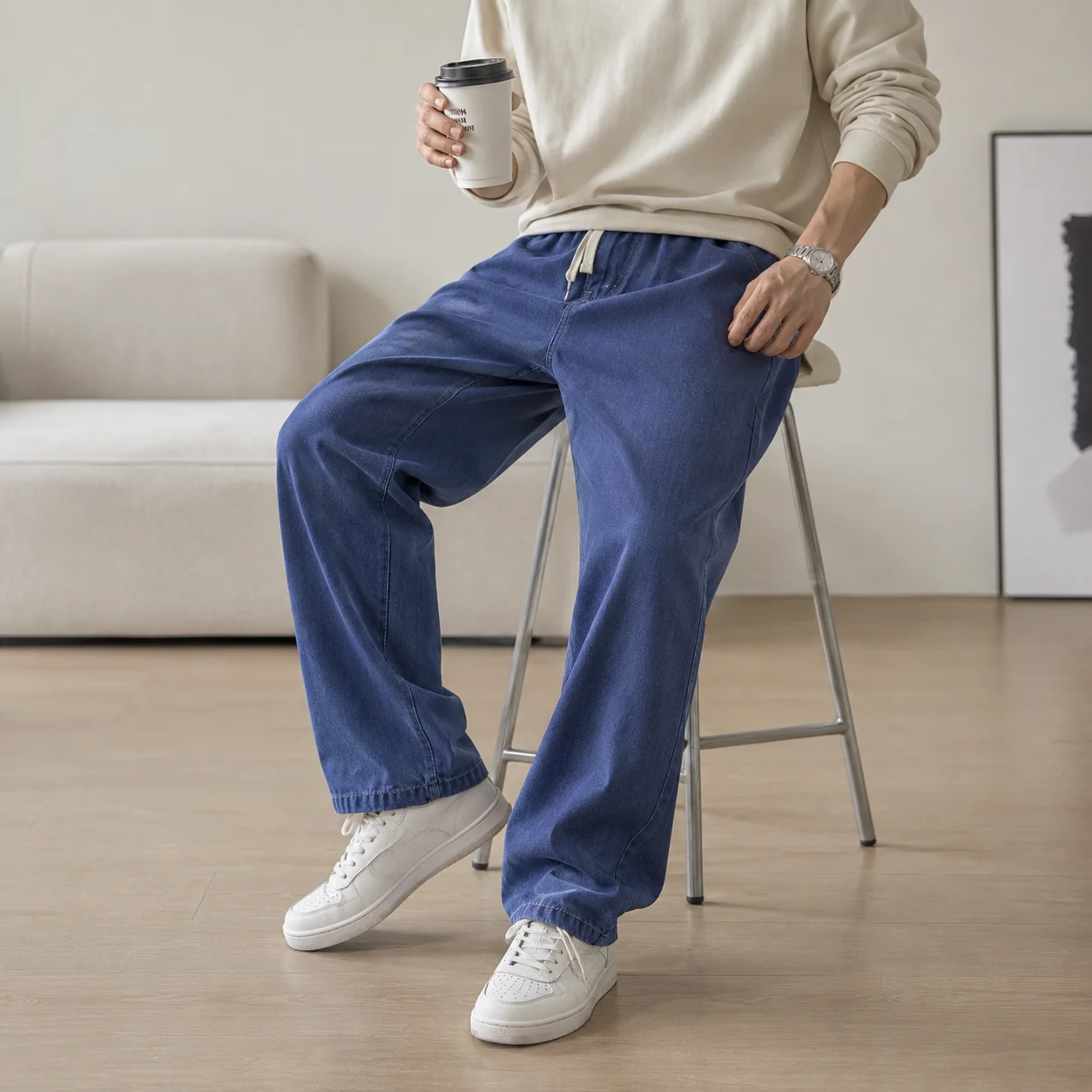 Men's Streetwear Jeans Korean Style Loose Straight Wide Leg Denim Pants Autumn Winter Casual Drawstring Fashion Long Trousers