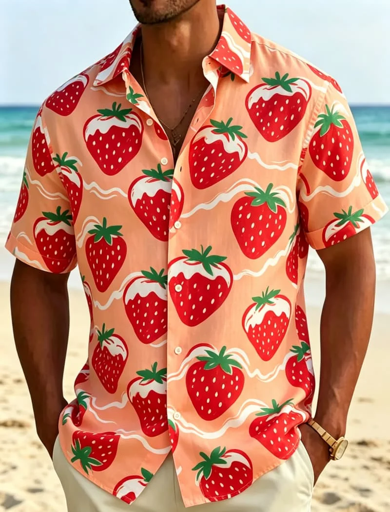 Men's Tropical Fruit Print Casual Shirt, Breathable Top，suitable For Summer Vacation Party Travel And Daily Wear