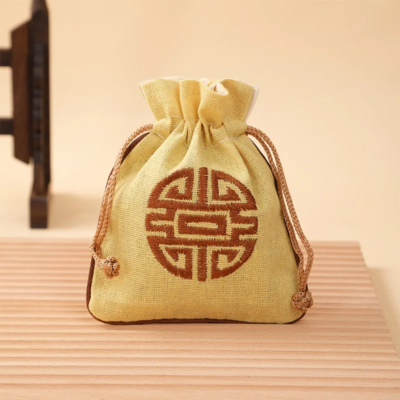 Vintage Leinen-Schmuckbeutel mit Kordelzug, bestickter chinesischer Knotenbeutel, Baumwoll-Leinen-Aufbewahrungstasche für kleine Gegenstände, 11,5*14cm, 14,5g – Detail 7
