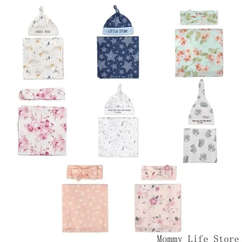 

Комплект из 2 предметов: микрофибровое одеяло для новорожденных с шапочкой-бини и повязкой на голову, с цветочным и животным принтом