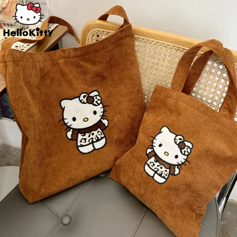 Sanrio haftowane słodkie kreskówki Hello Kitty torby z uchwytami Y2k kobiety sztruksowe jeden torba na ramię Crossbody pojemna torba