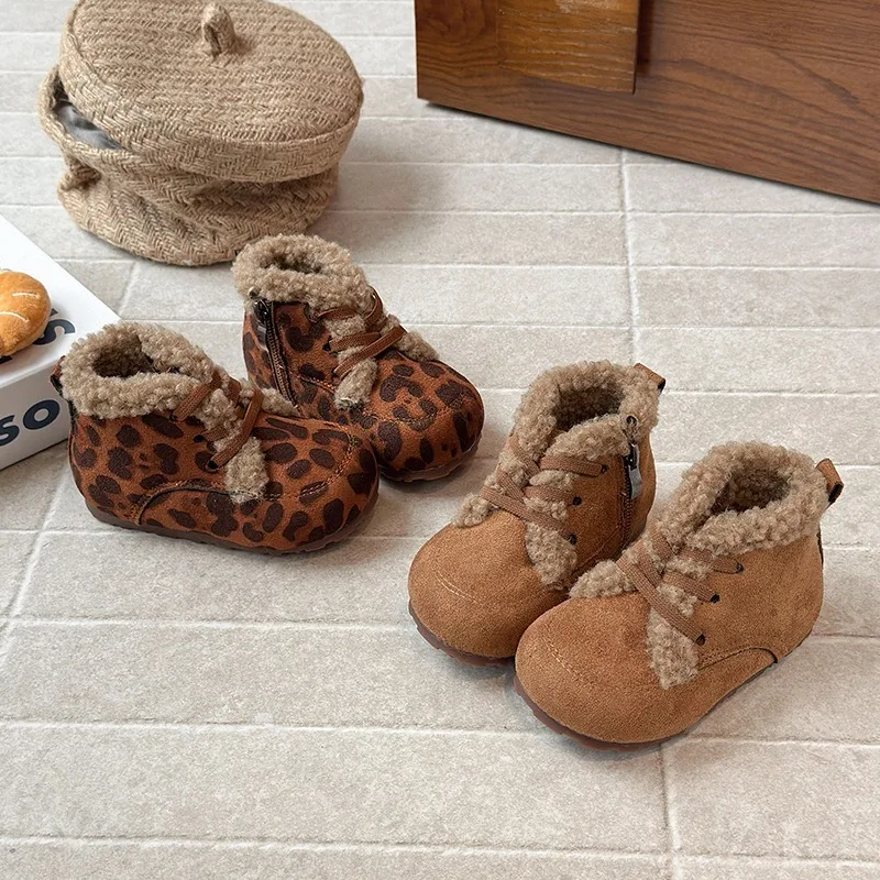 

Children Leopard Print Cotton Shoes Winter 2025 Comfortable Non Slip Fashion Outdoor Ankle Boots Plush Warm Non Slip Casual Shoe