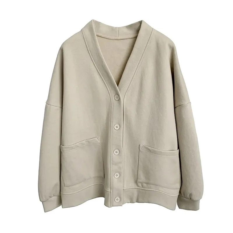 

Простая толстовка с карманами, кардиган с v-образным вырезом для женщин на осень и зиму, универсальная свободная куртка с длинными рукавами в ленивом стиле