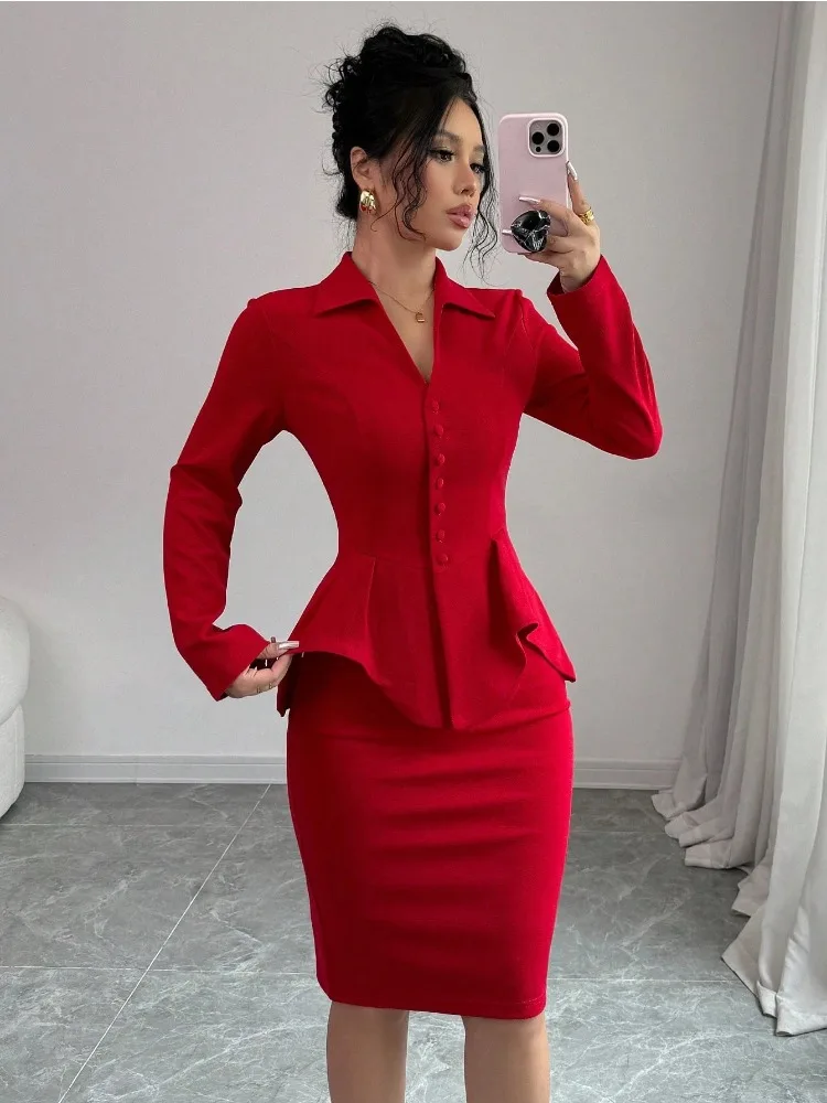 Elegant Office 2Piece Set For Women V-Neck Long Sleeve Smocked Top and Split Bodycon Midi Skirt Commuting Street Attire